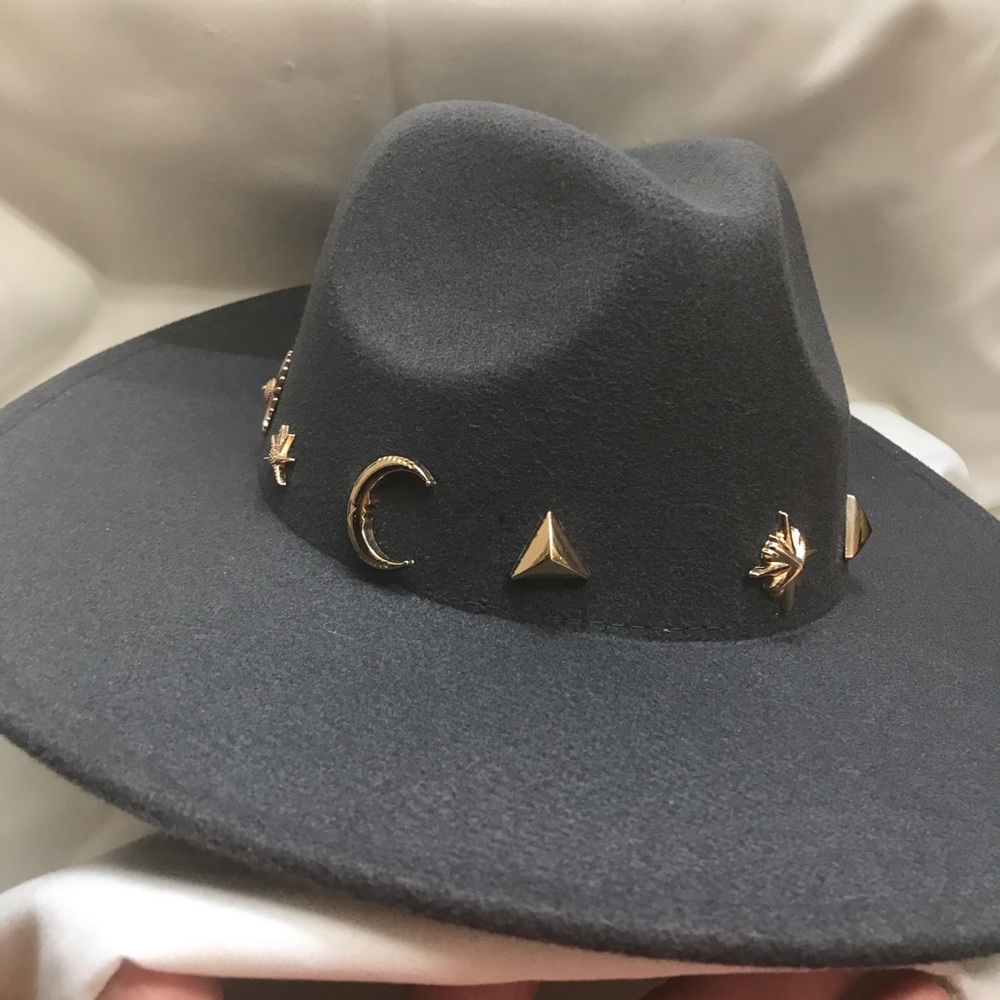 Anthropologie Black Felt Fedora with Gold Stud Accents
